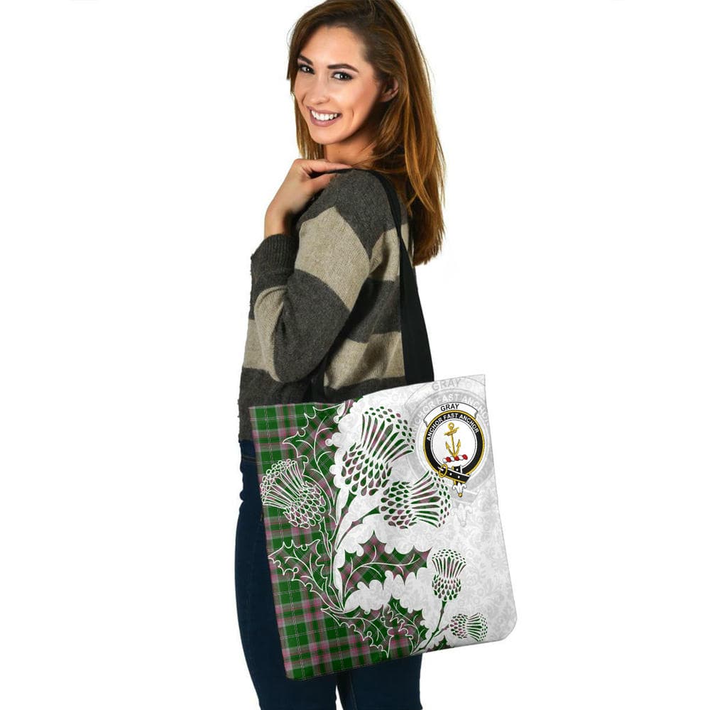 Scottish Gray Clan Crest Tartan Tote Bag - Thistle Flowers Style - Image 3