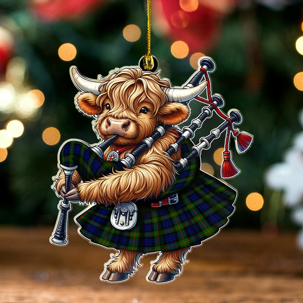 Scottish Gunn Modern Tartan Ornament Highland Cow Playing Bagpipes