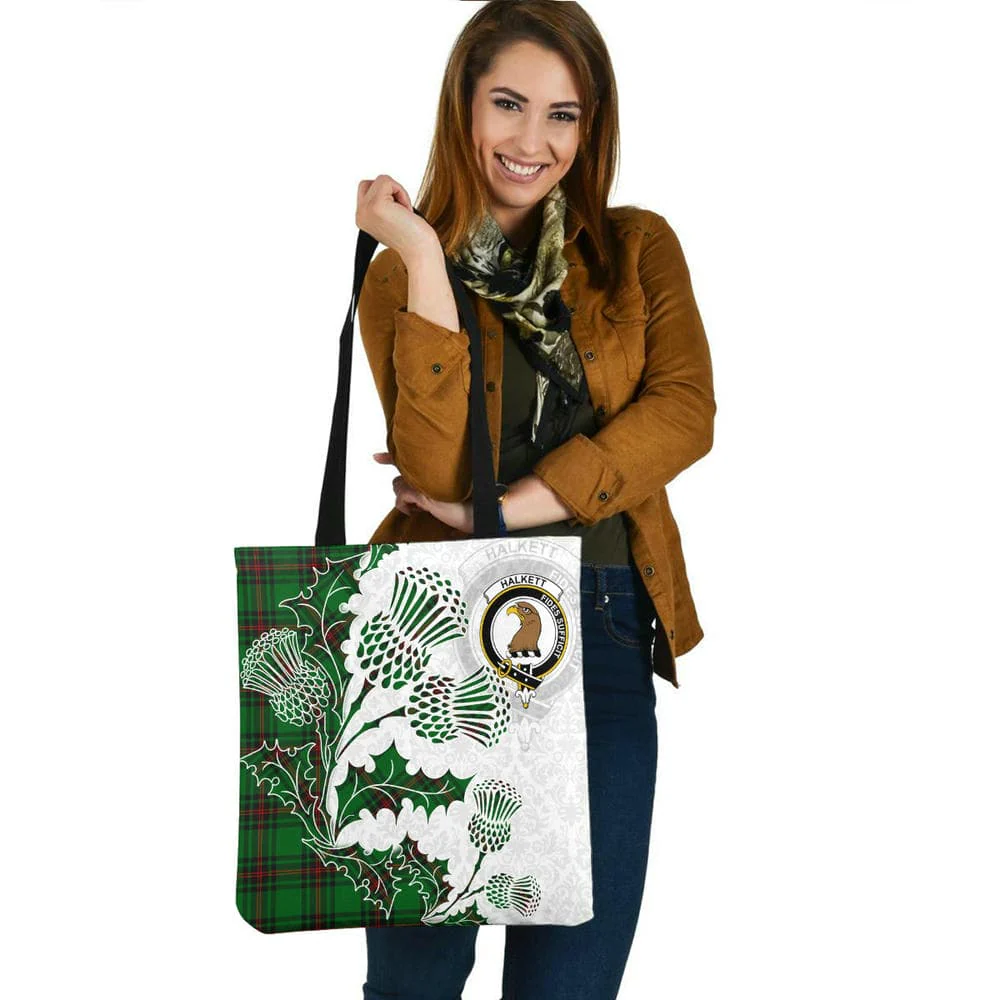 Scottish Halkett Clan Crest Tartan Tote Bag - Thistle Flowers Style - Image 2