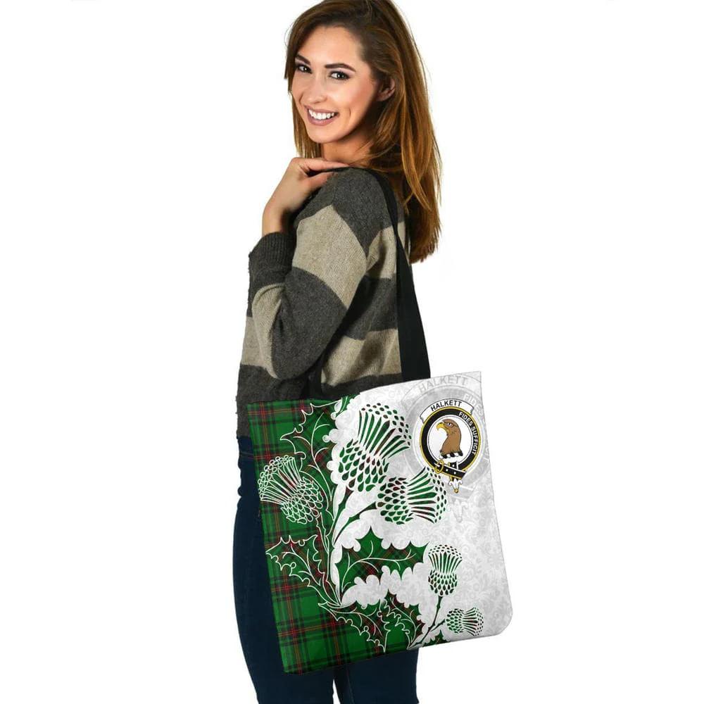 Scottish Halkett Clan Crest Tartan Tote Bag - Thistle Flowers Style - Image 3