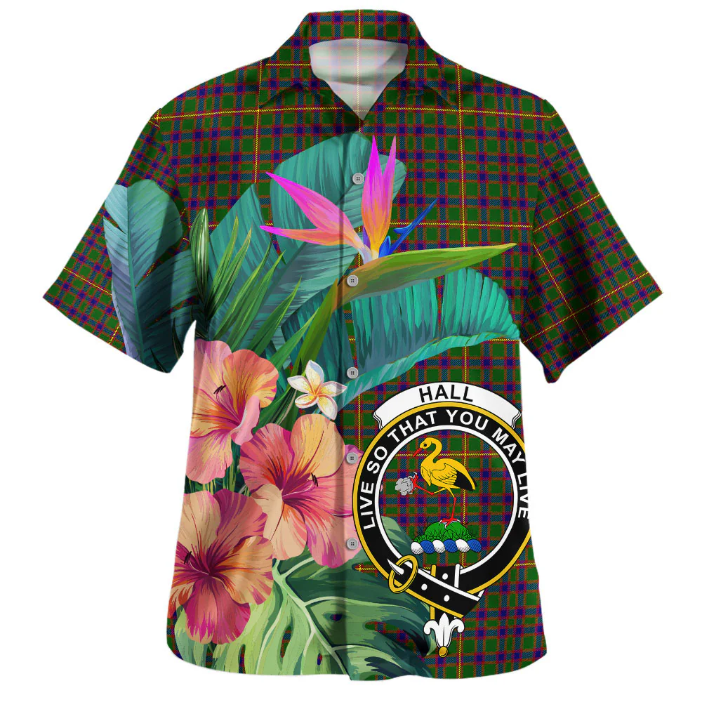Scottish Hall Clan Badge Tartan Hawaiian Shirt Bouquet Tropical Style