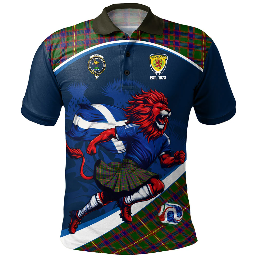 Scottish Hall Clan Badge Tartan Polo Shirt Scotland Lion Brave Highland Spirit