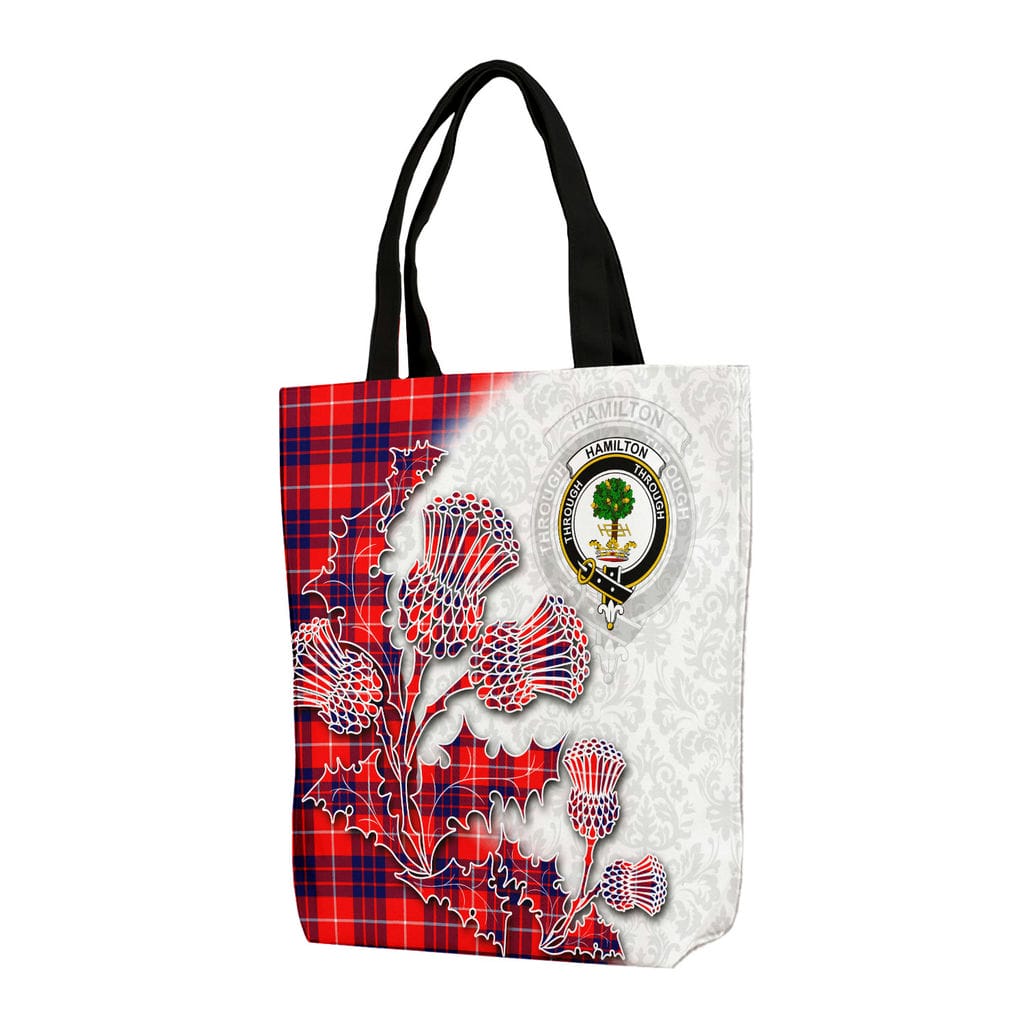 Scottish Hamilton Clan Badge Tartan Canvas Bag With Shoulder Straps - Thistle Flowers Style