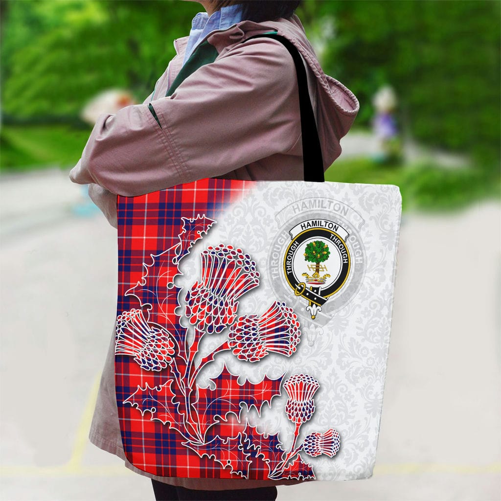 Scottish Hamilton Clan Badge Tartan Canvas Bag With Shoulder Straps - Thistle Flowers Style - Image 2