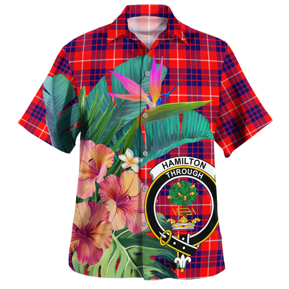 Scottish Hamilton Modern Clan Badge Tartan Hawaiian Shirt Bouquet Tropical Style