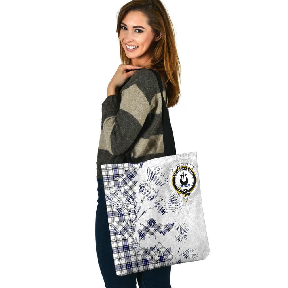 Scottish Hannay Clan Crest Tartan Tote Bag - Thistle Flowers Style - Image 3