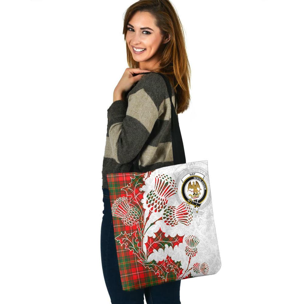 Scottish Hay Clan Crest Tartan Tote Bag - Thistle Flowers Style - Image 3