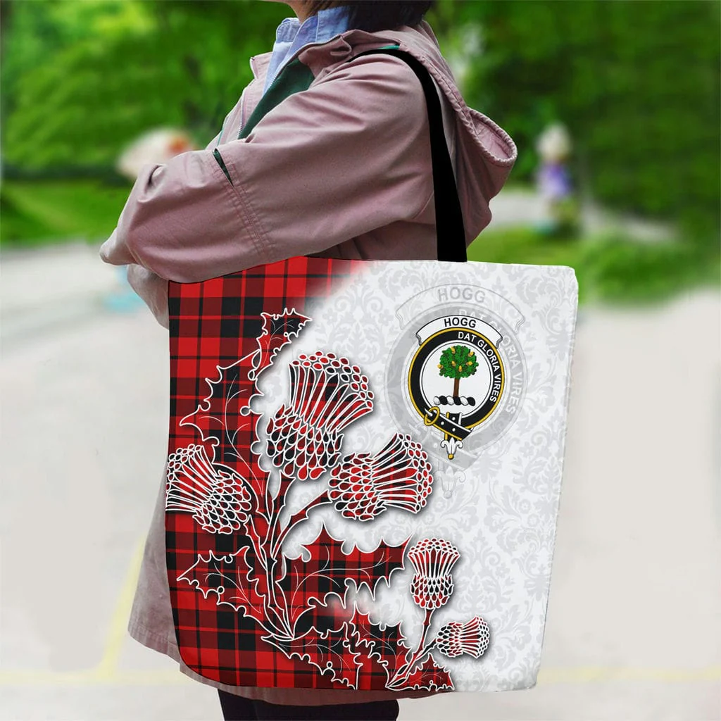 Scottish Hogg (or Hog) Clan Badge Tartan Canvas Bag With Shoulder Straps - Thistle Flowers Style - Image 2
