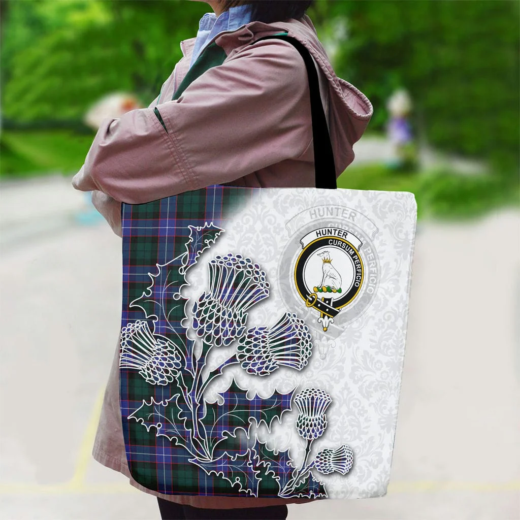 Scottish Hunter Clan Badge Tartan Canvas Bag With Shoulder Straps - Thistle Flowers Style - Image 2
