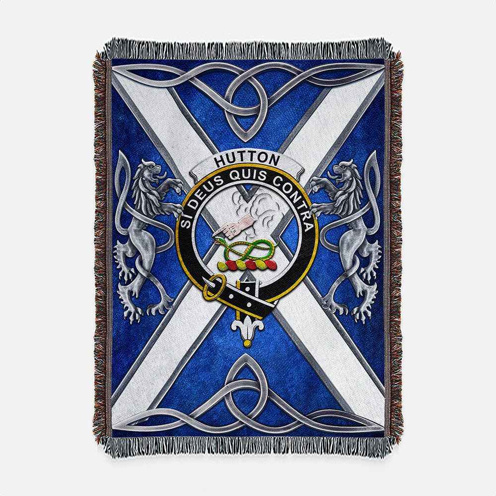 Scottish Hutton Clan Badge Woven Blanket Silver Rampant Lion Emblem