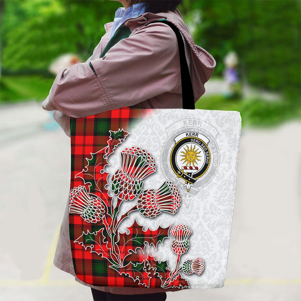 Scottish Kerr Clan Badge Tartan Canvas Bag With Shoulder Straps - Thistle Flowers Style - Image 2