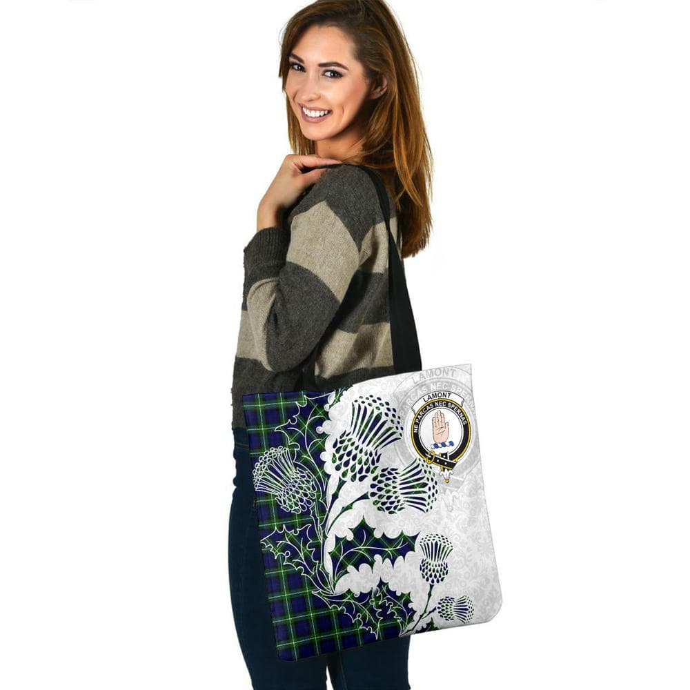 Scottish Lamont Clan Crest Tartan Tote Bag - Thistle Flowers Style - Image 3