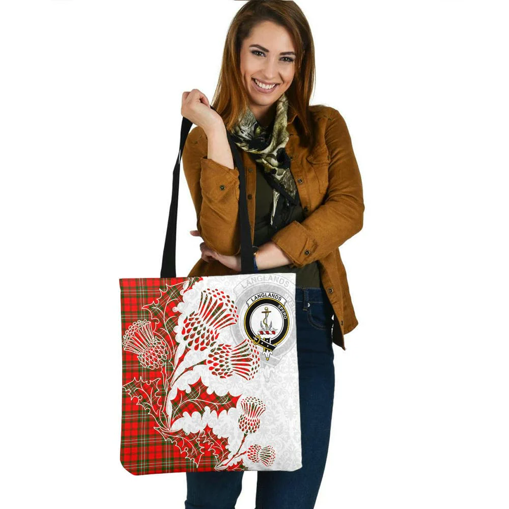 Scottish Langlands Clan Crest Tartan Tote Bag - Thistle Flowers Style - Image 2