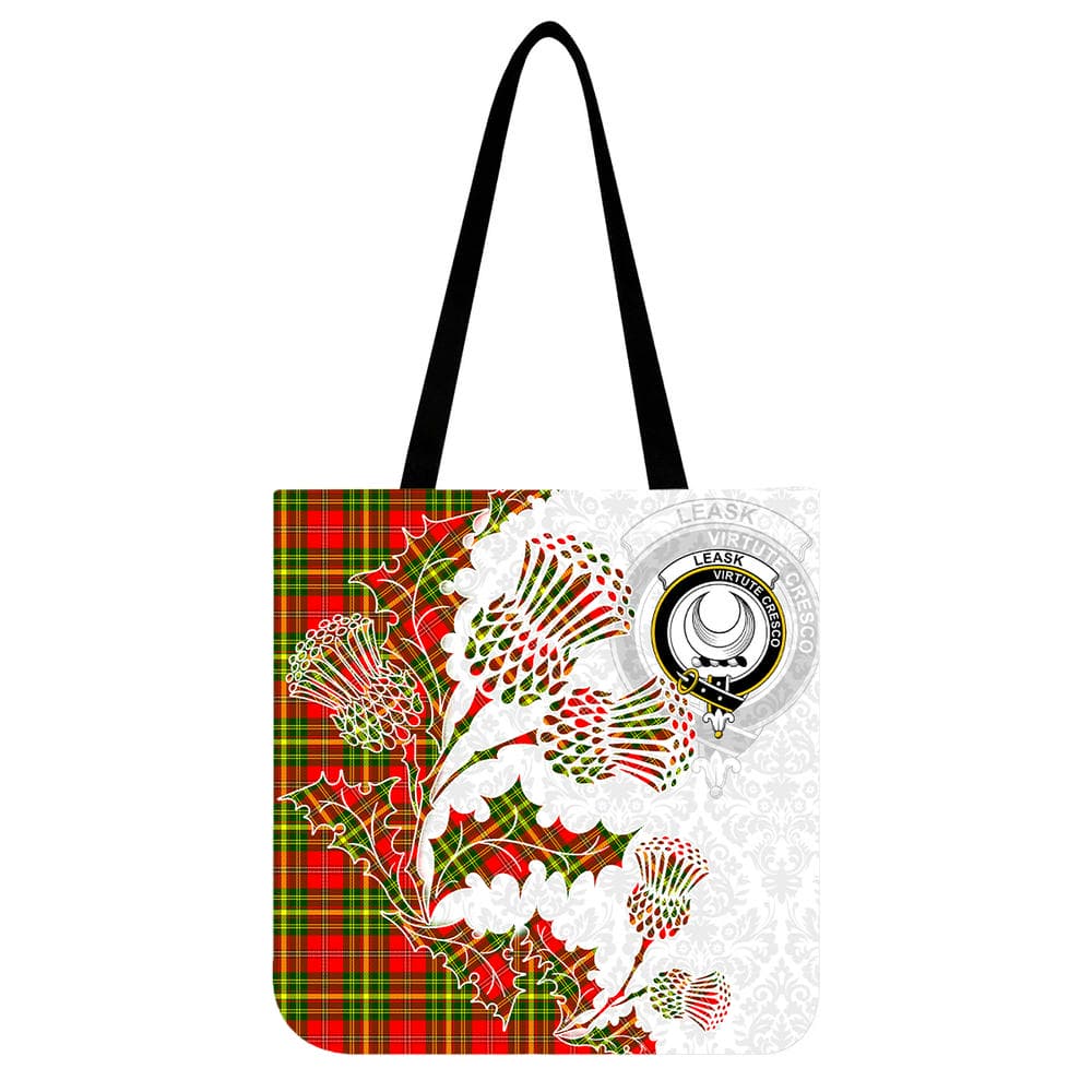 Scottish Leask Clan Crest Tartan Tote Bag - Thistle Flowers Style