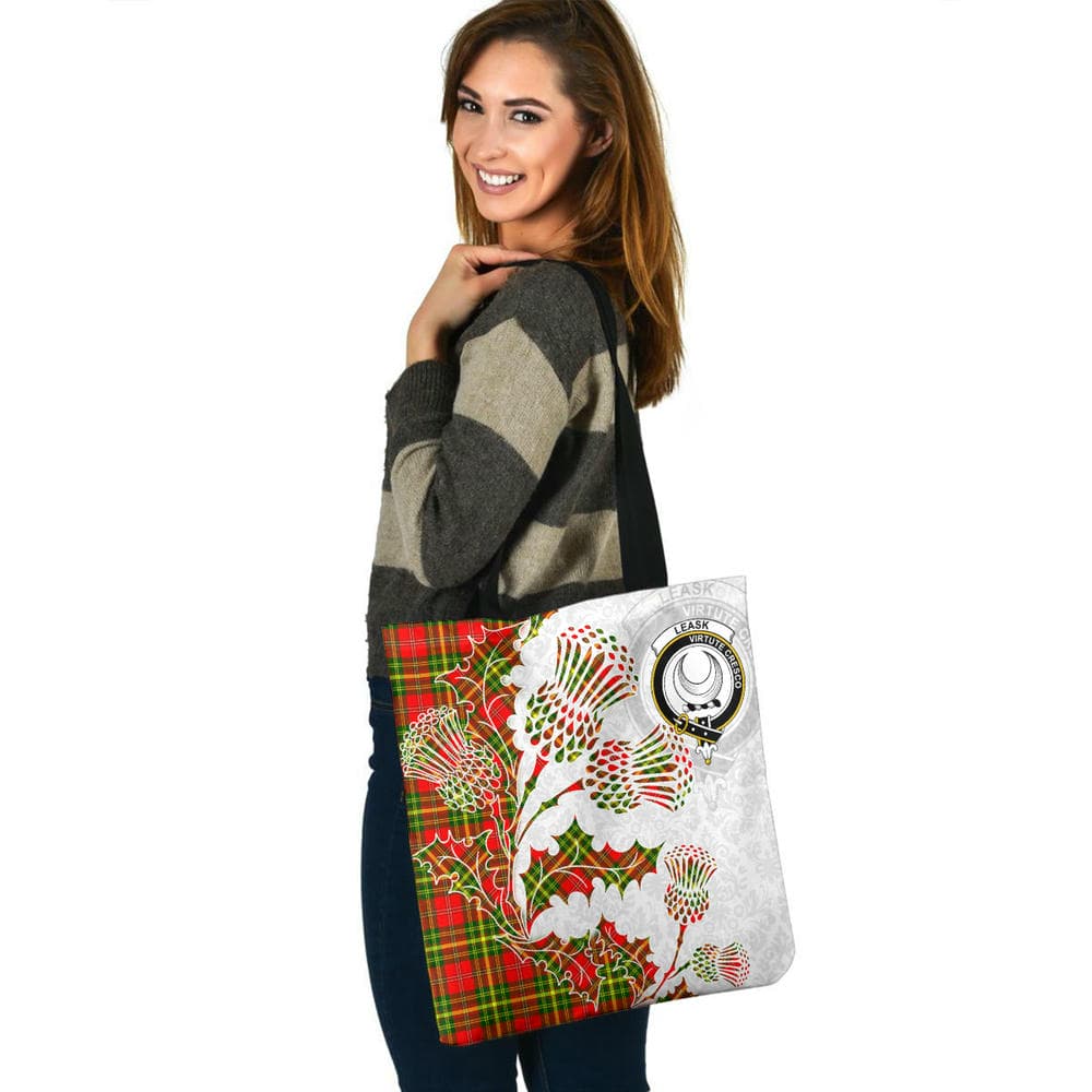 Scottish Leask Clan Crest Tartan Tote Bag - Thistle Flowers Style - Image 3