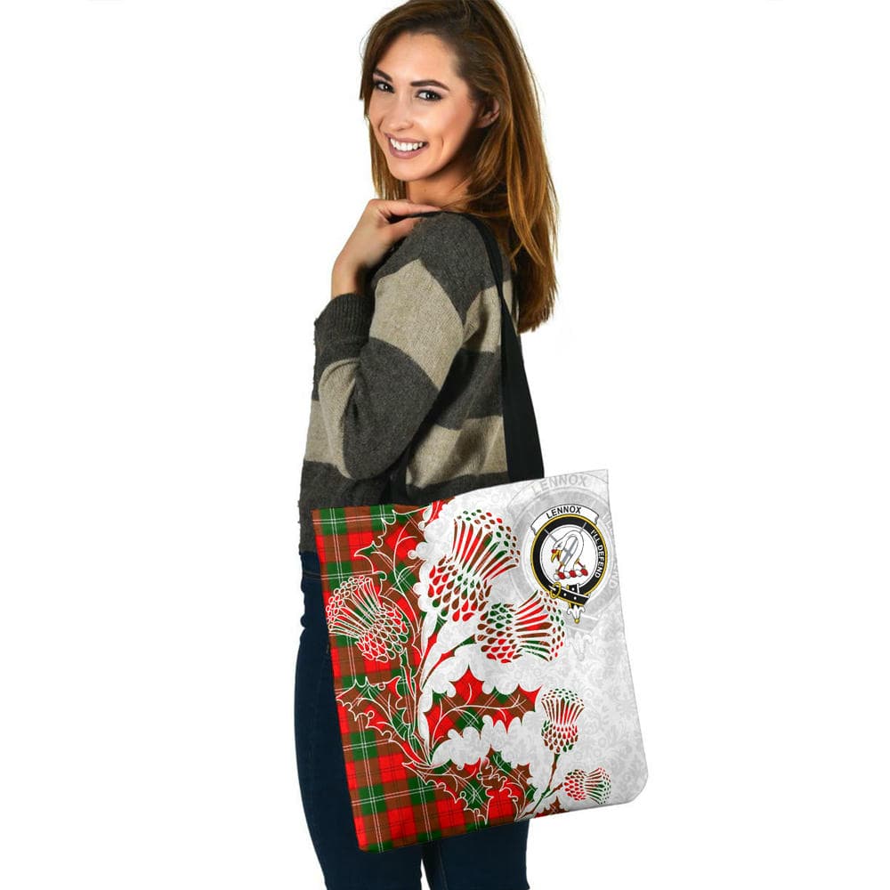 Scottish Lennox (Lennox Kincaid) Clan Crest Tartan Tote Bag - Thistle Flowers Style - Image 3