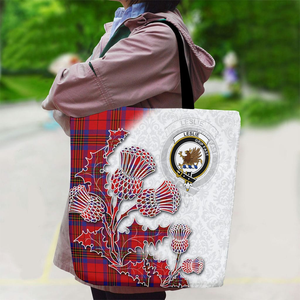 Scottish Leslie Clan Badge Tartan Canvas Bag With Shoulder Straps - Thistle Flowers Style - Image 2