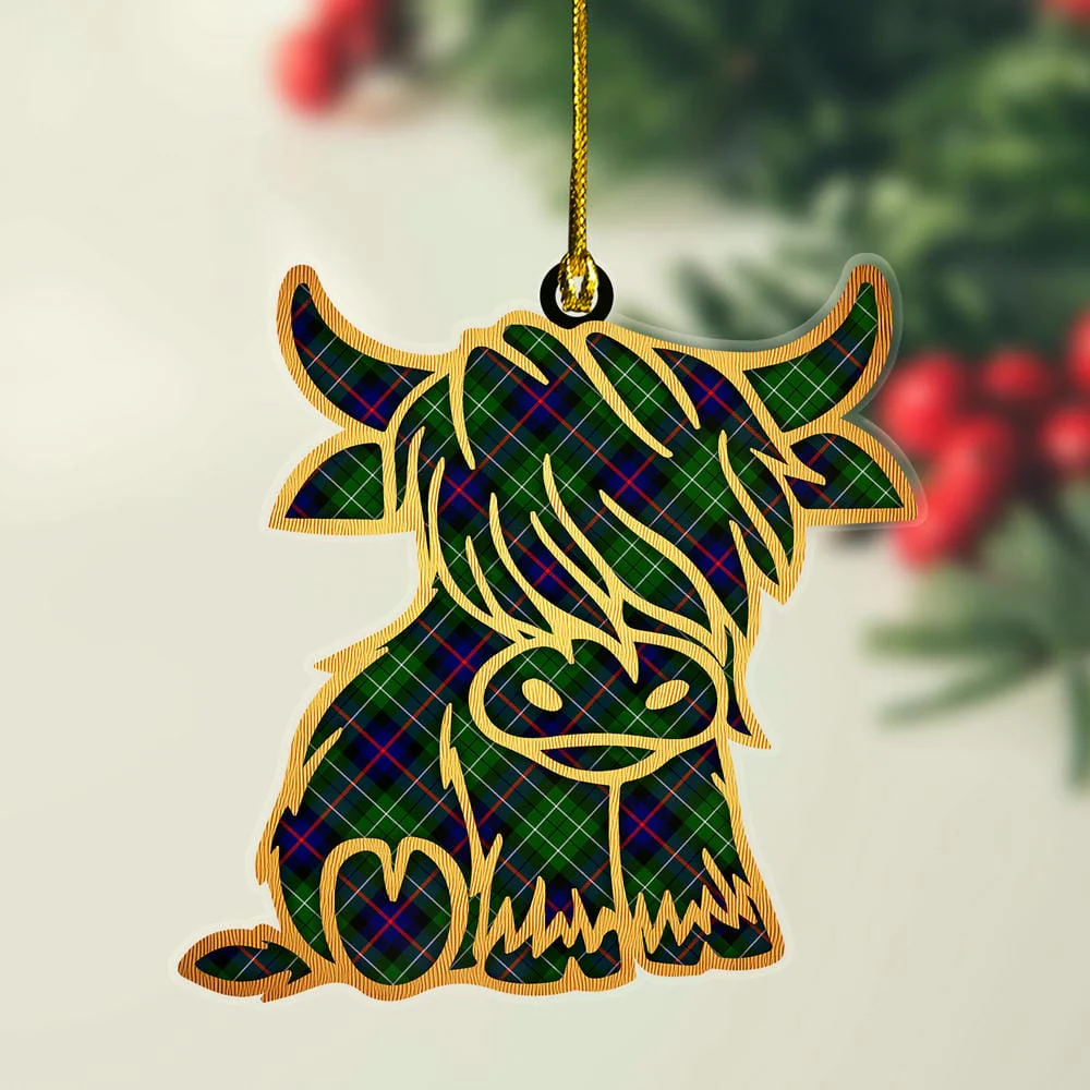 Scottish Leslie Hunting Tartan Highland Cow Ornament