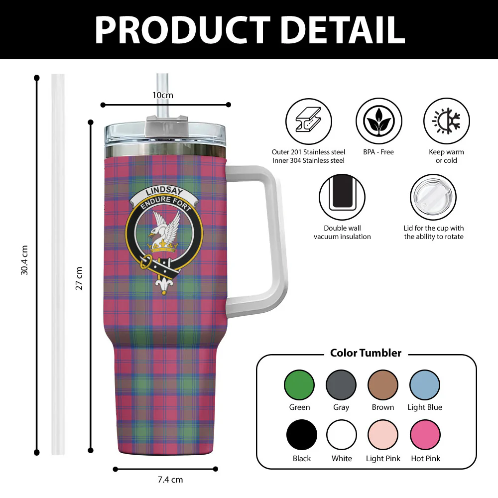 Scottish Lindsay Ancient Clan Badge Tartan 40oz Tumbler - Image 2