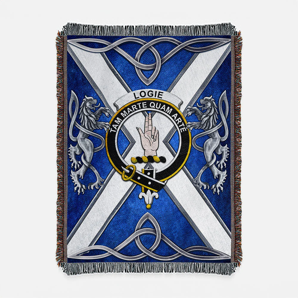 Scottish Logie Clan Badge Woven Blanket Silver Rampant Lion Emblem