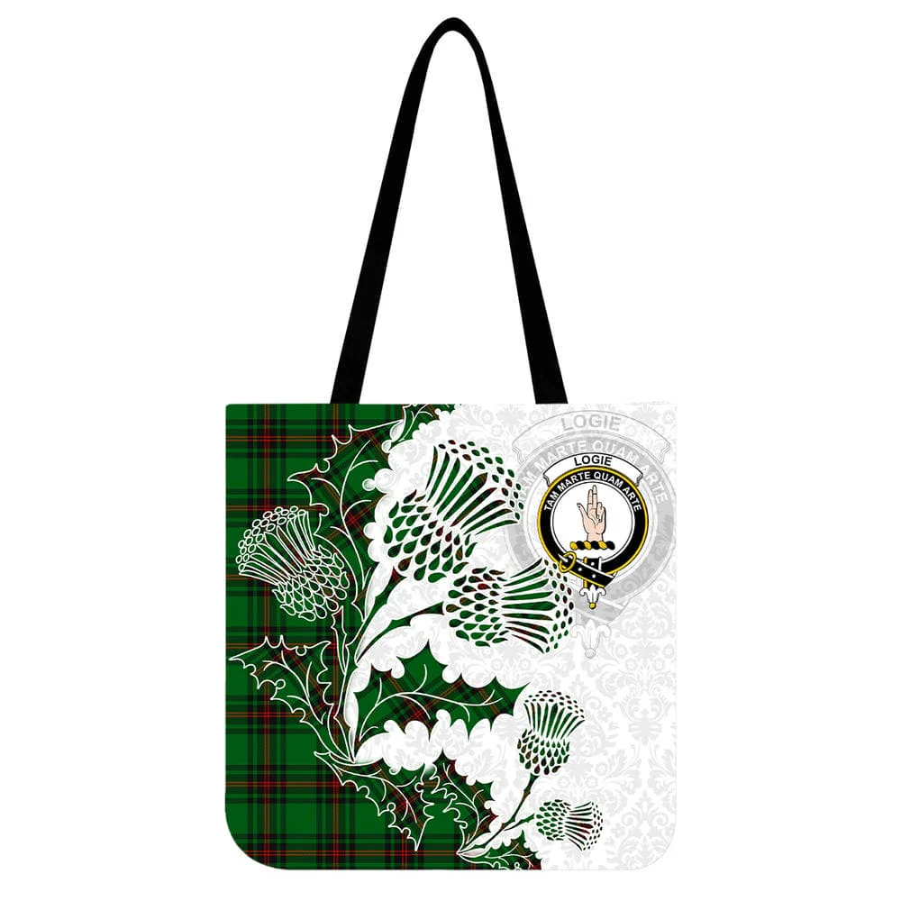 Scottish Logie Clan Crest Tartan Tote Bag - Thistle Flowers Style