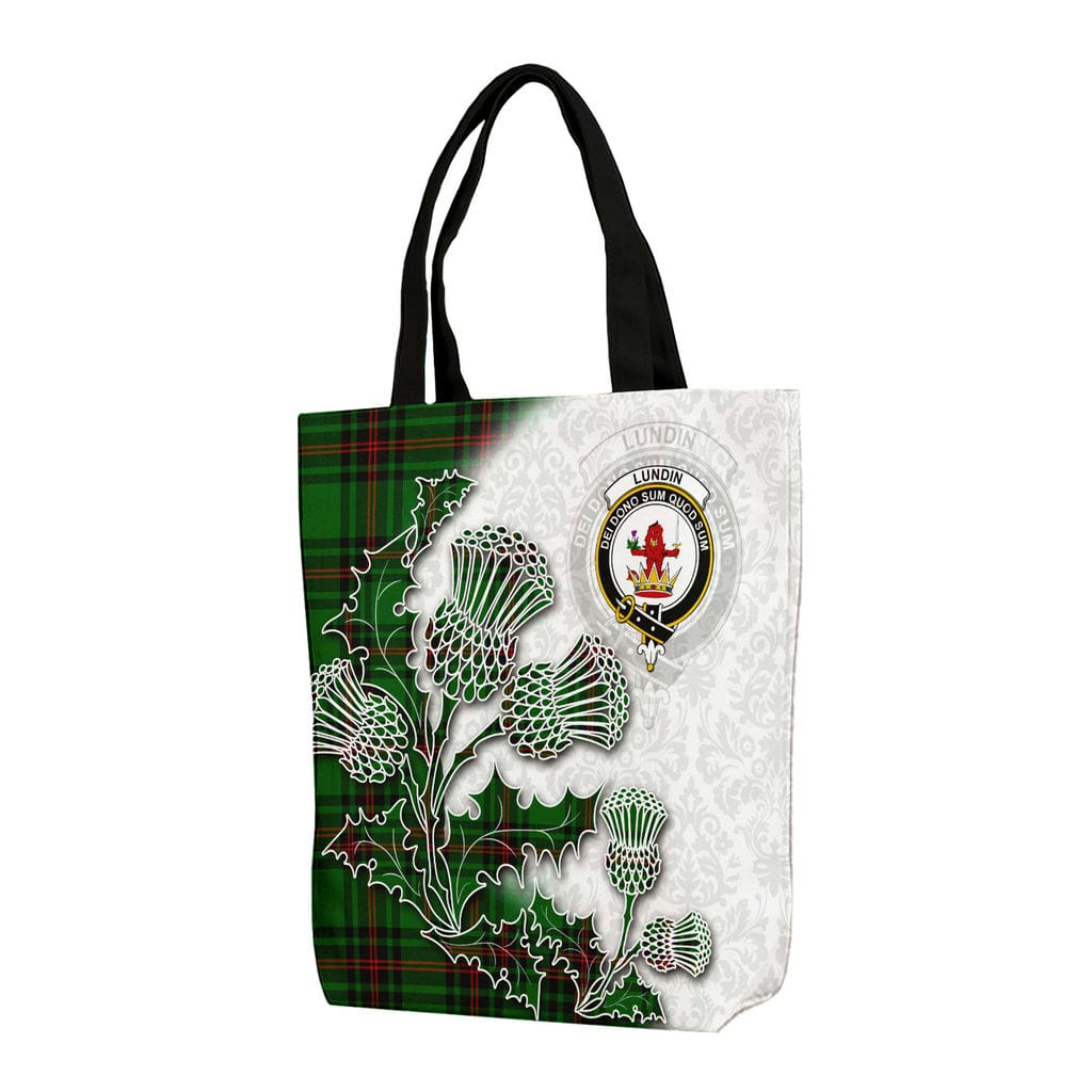 Scottish Lundin Clan Badge Tartan Canvas Bag With Shoulder Straps - Thistle Flowers Style
