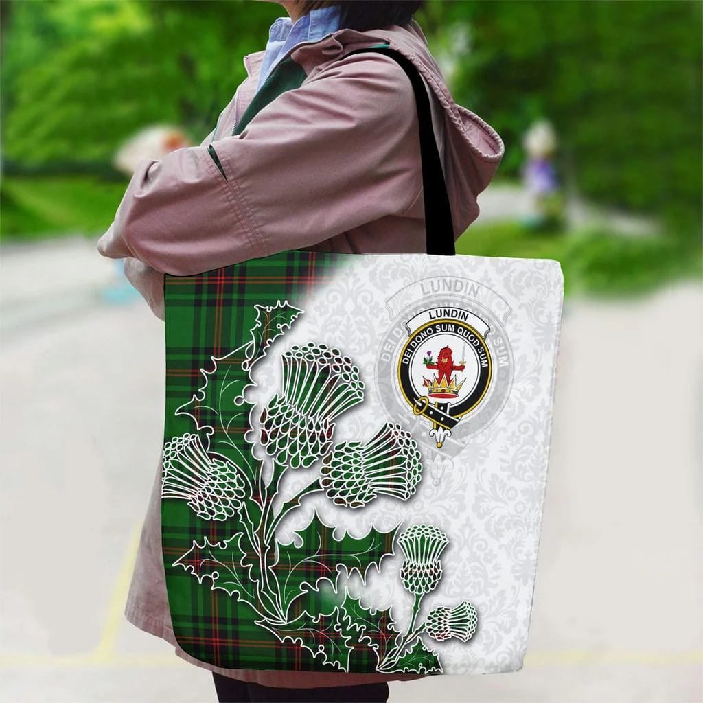 Scottish Lundin Clan Badge Tartan Canvas Bag With Shoulder Straps - Thistle Flowers Style - Image 2