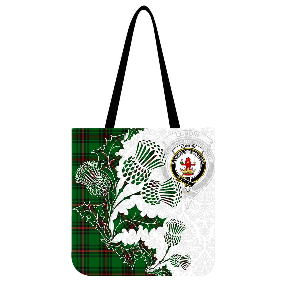 Scottish Lundin Clan Crest Tartan Tote Bag - Thistle Flowers Style