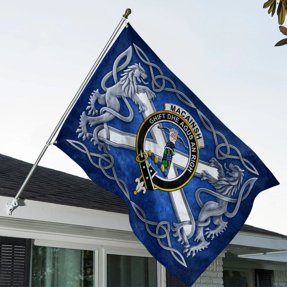 Scottish MacAinsh Clan Badge Flag Parade Silver Rampant Lion Emblem