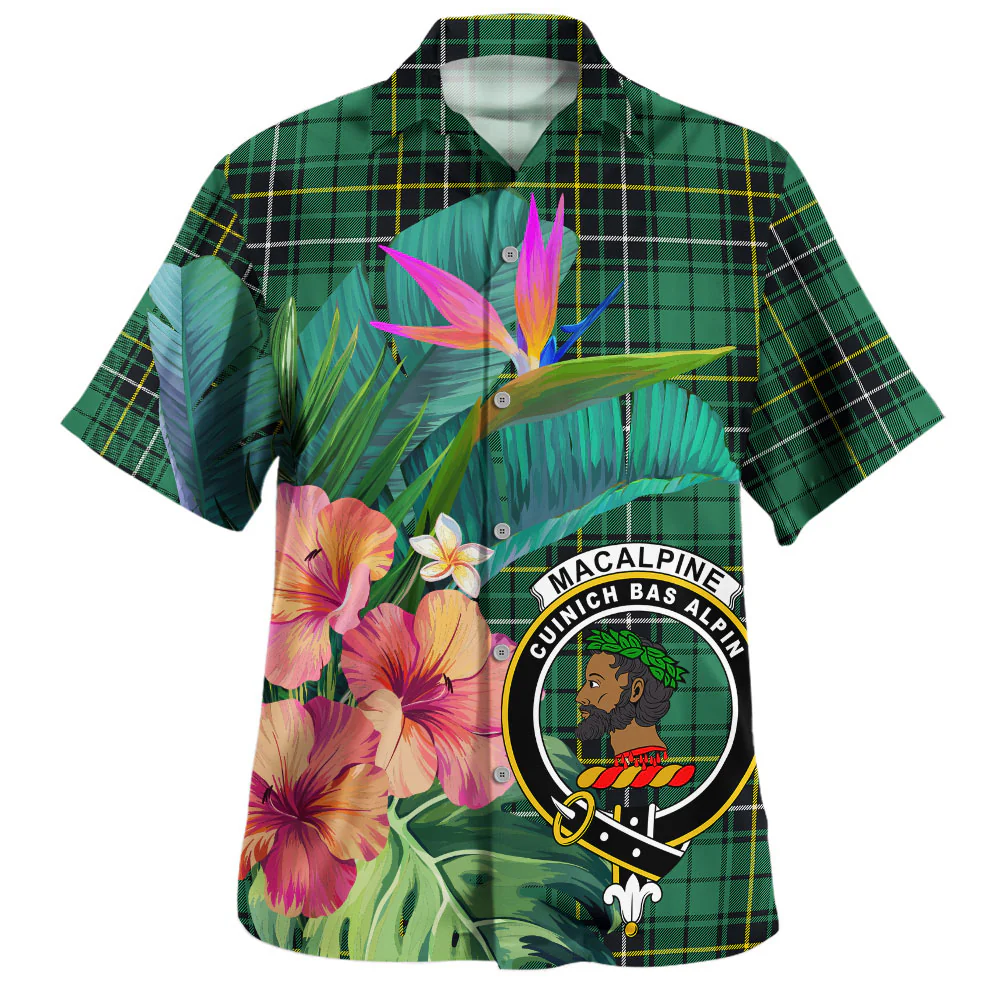 Scottish MacAlpine Ancient Clan Badge Tartan Hawaiian Shirt Bouquet Tropical Style