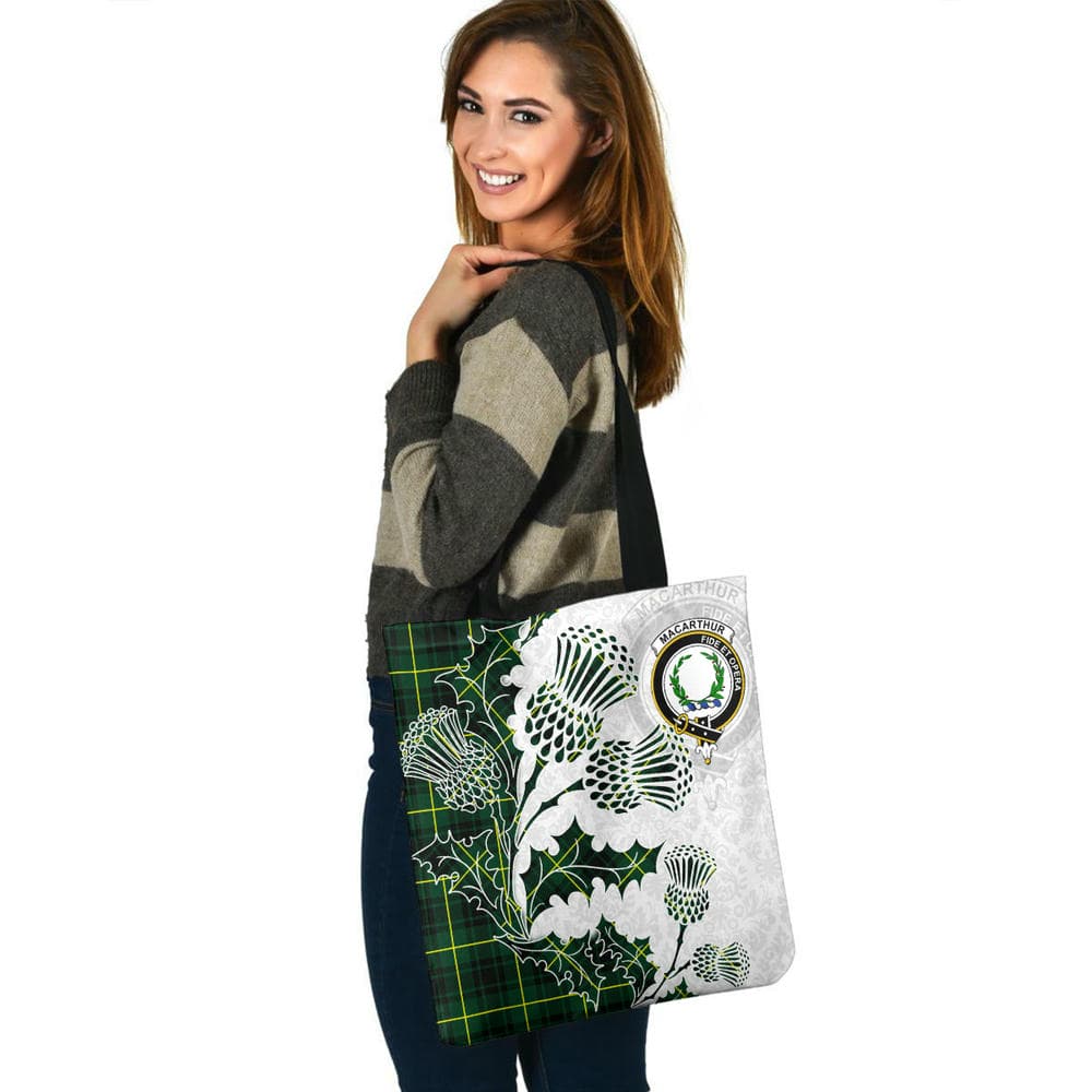 Scottish MacArthur Clan Crest Tartan Tote Bag - Thistle Flowers Style - Image 3