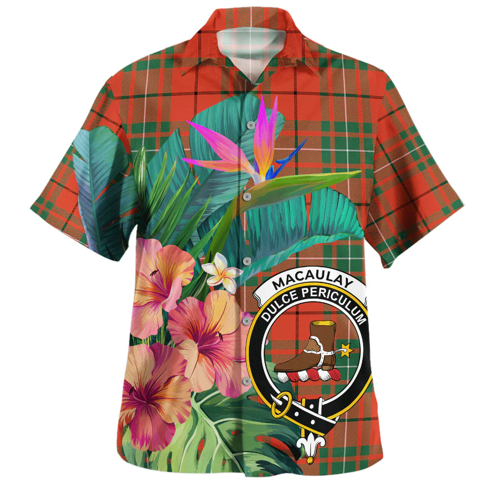 Scottish MacAulay Ancient Clan Badge Tartan Hawaiian Shirt Bouquet Tropical Style