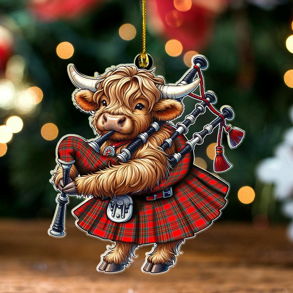 Scottish MacBean Modern Tartan Ornament Highland Cow Playing Bagpipes