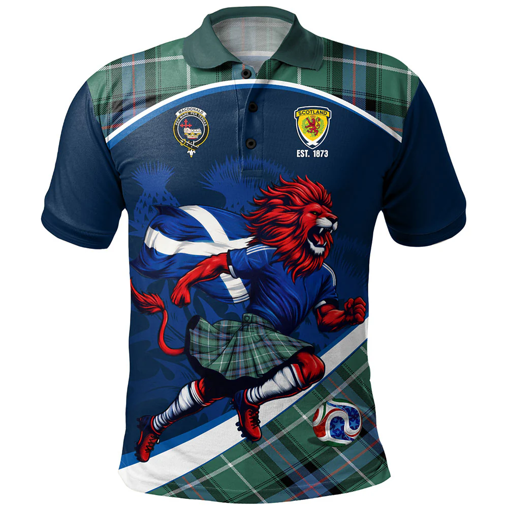 Scottish MacDonald of the Isles Hunting Ancient Clan Badge Tartan Polo Shirt Scotland Lion Brave Highland Spirit