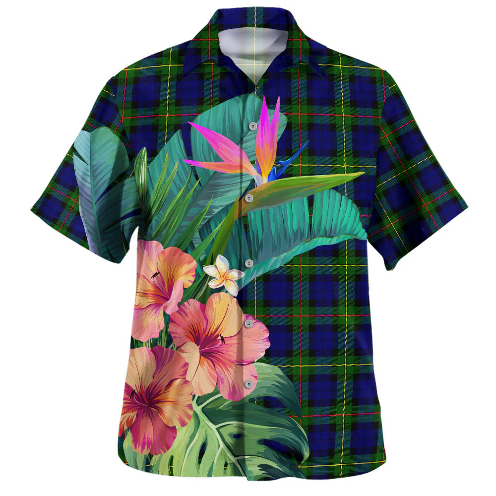 Scottish MacEwen Modern Tartan Hawaiian Shirt Bouquet Tropical Style