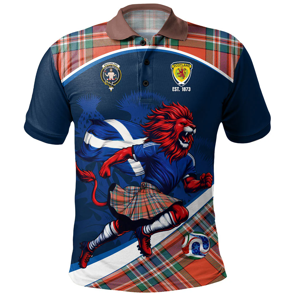 Scottish MacFarlane Ancient Clan Badge Tartan Polo Shirt Scotland Lion Brave Highland Spirit