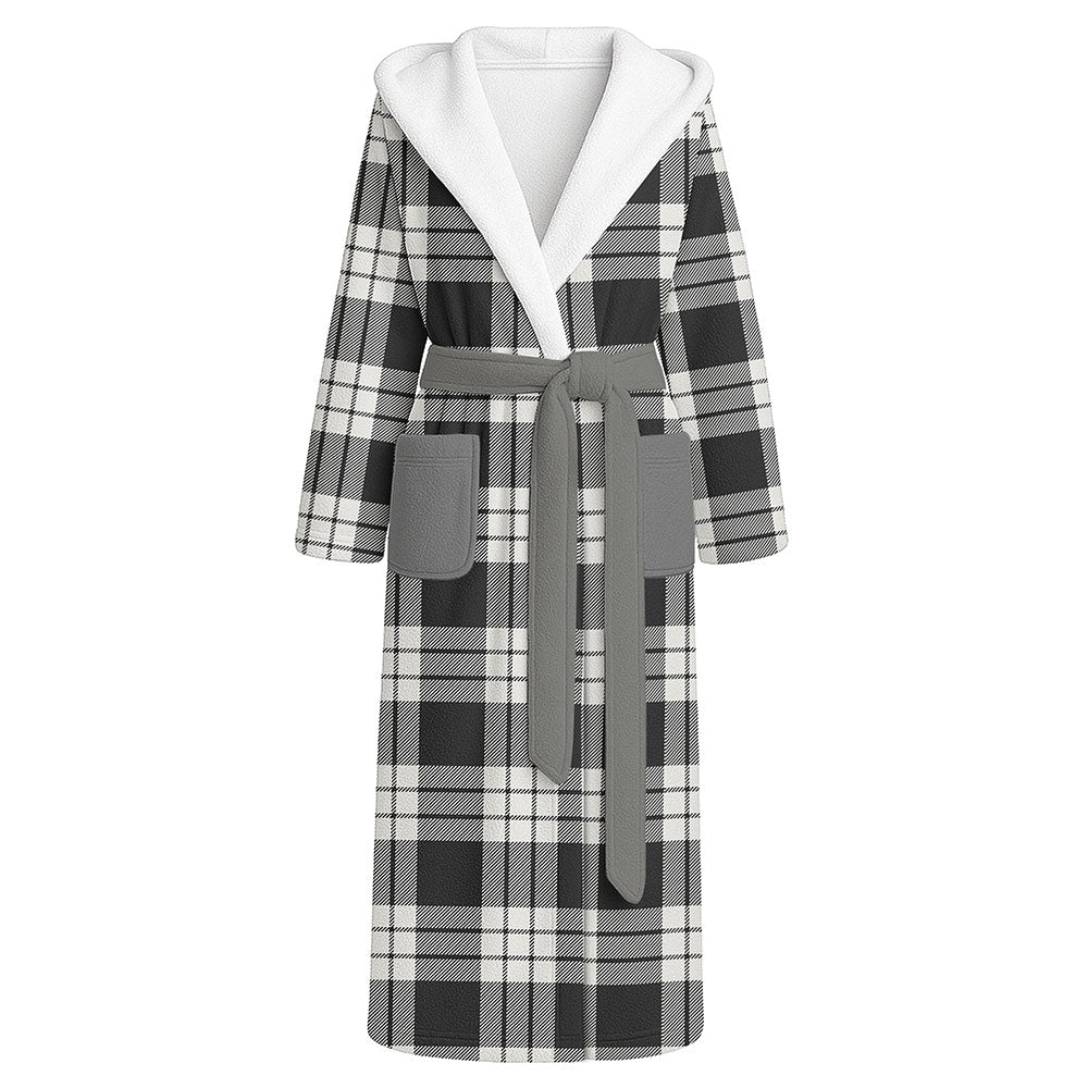 Scottish MacFarlane Black & White Ancient Clan Badge Tartan Flannel Hooded Bathrobe