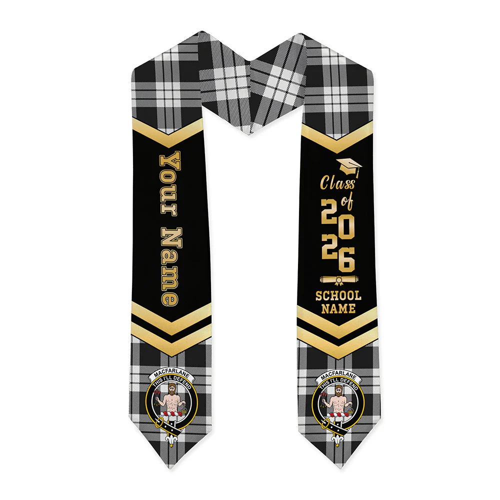 Scottish MacFarlane Black & White Ancient Clan Badge Tartan Graduation Stole Black Gold Honor
