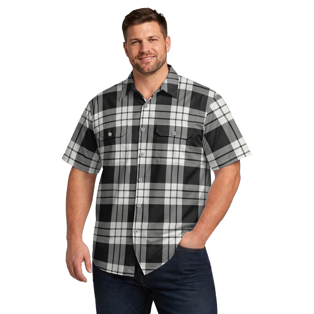 Scottish MacFarlane Black & White Ancient Clan Badge Tartan Short Sleeve Work Shirt - Image 4
