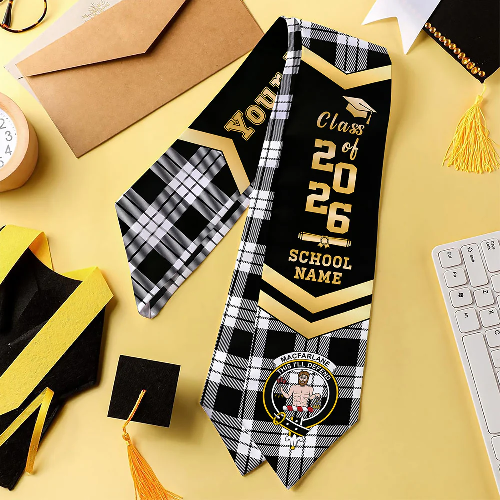 Scottish MacFarlane Black & White Clan Badge Tartan Graduation Stole Black Gold Honor - Image 4