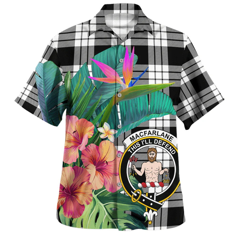 Scottish MacFarlane Black & White Clan Badge Tartan Hawaiian Shirt Bouquet Tropical Style
