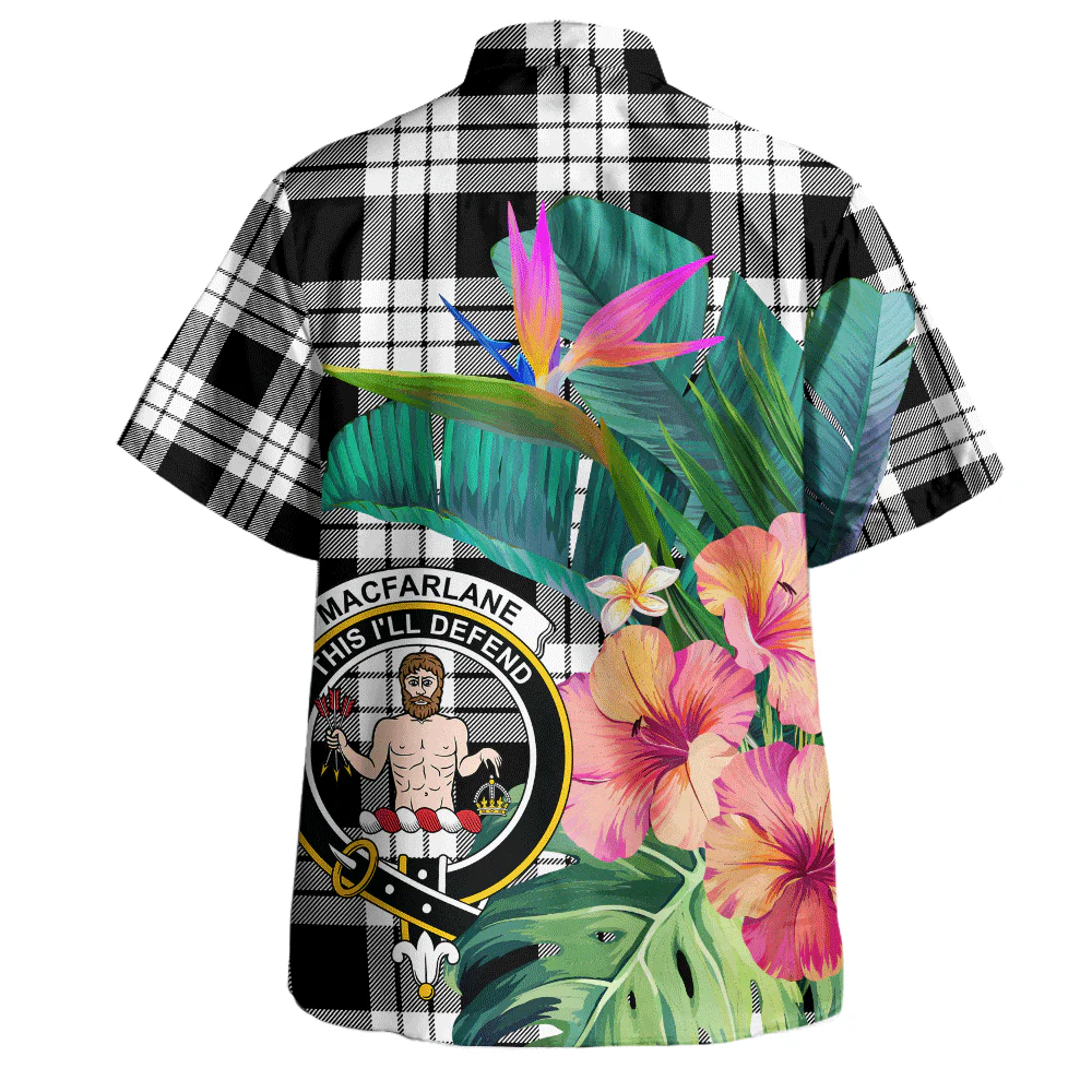 Scottish MacFarlane Black & White Clan Badge Tartan Hawaiian Shirt Bouquet Tropical Style - Image 3