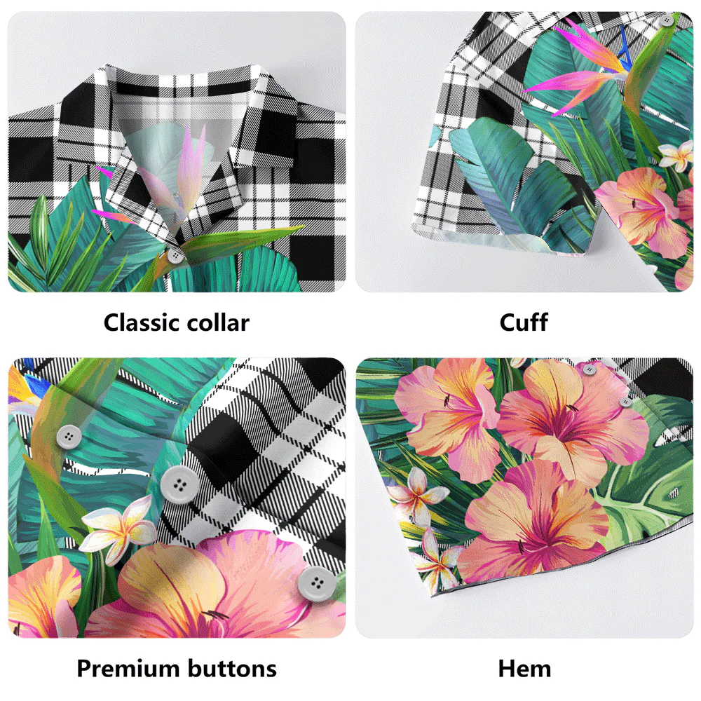 Scottish MacFarlane Black & White Clan Badge Tartan Hawaiian Shirt Bouquet Tropical Style - Image 5
