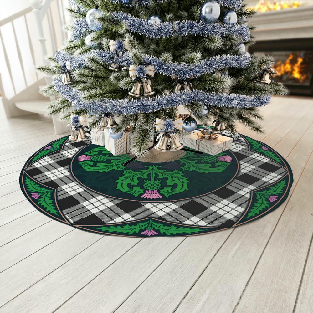 Scottish MacFarlane Black & White Ancient Tartan Christmas Tree Skirt Old Scottish Thistle Flower - Image 3