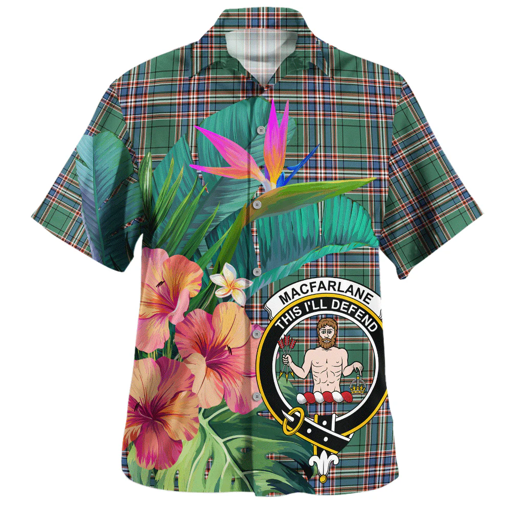 Scottish MacFarlane Hunting Ancient Clan Badge Tartan Hawaiian Shirt Bouquet Tropical Style