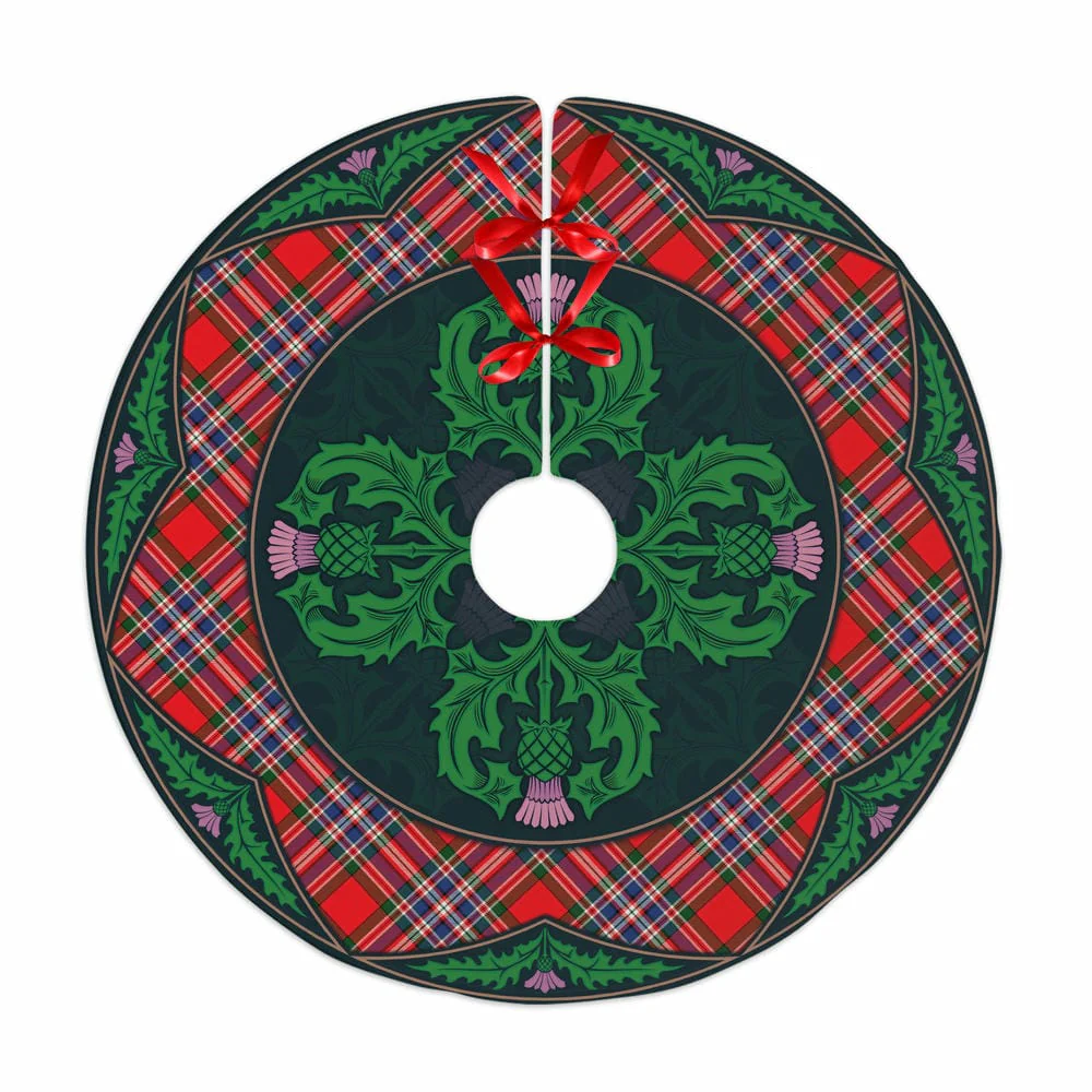 Scottish MacFarlane Modern Tartan Christmas Tree Skirt Old Scottish Thistle Flower