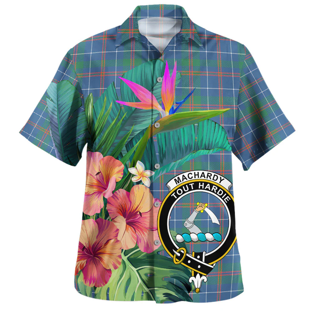 Scottish MacHardy Ancient Clan Badge Tartan Hawaiian Shirt Bouquet Tropical Style