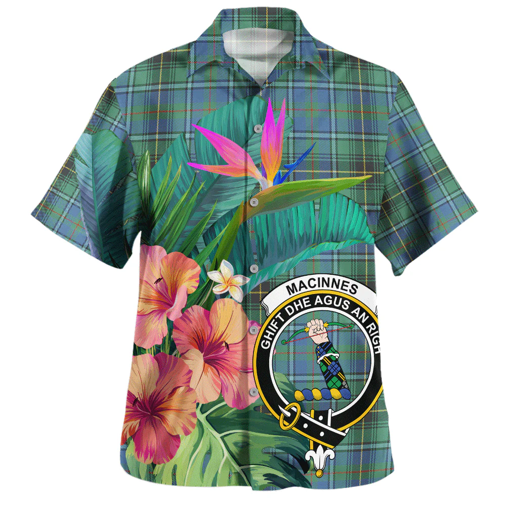 Scottish MacInnes Ancient Clan Badge Tartan Hawaiian Shirt Bouquet Tropical Style