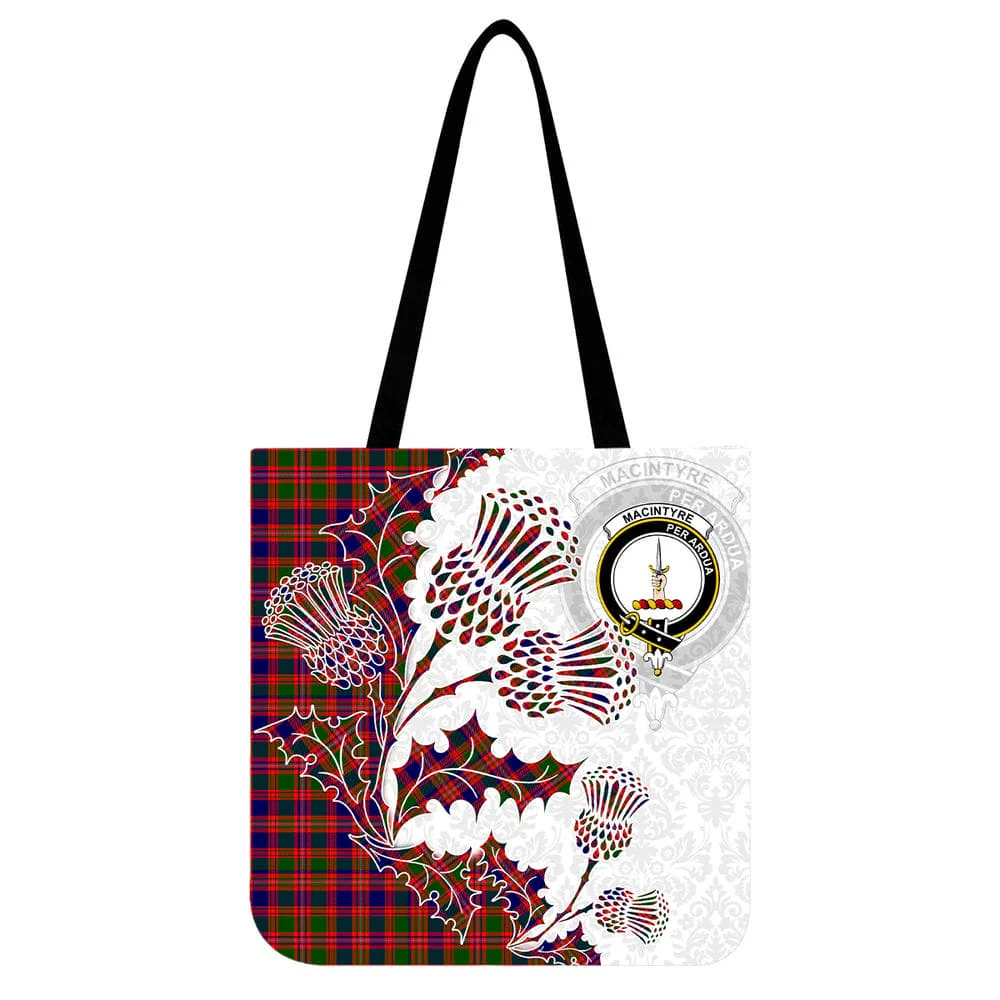 Scottish MacIntyre Clan Crest Tartan Tote Bag - Thistle Flowers Style