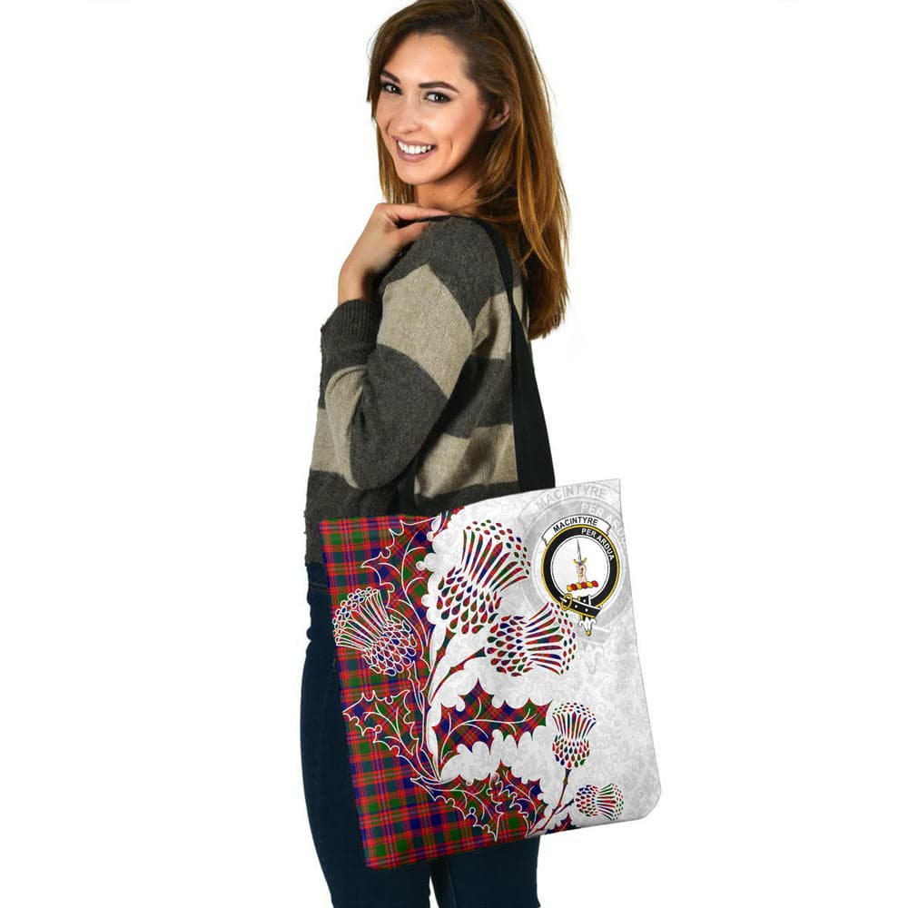 Scottish MacIntyre Clan Crest Tartan Tote Bag - Thistle Flowers Style - Image 3